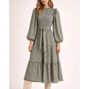 Moon River Floral Smocked Midi Dress Boho Cottagecore Puff Sleeve Tie Waist S
